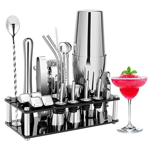 Image of Cocktail Shaker Set, 23 PCS Boston Stainless Steel Bartender Kit with Acrylic Stand & Cocktail Recipes Booklet, Professional Bar Tools for Drink Mixing, Home, Bar, Party (Sliver, 20oz&24oz)