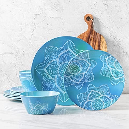 Image of bzyoo 12 Piece Melamine Dinnerware Set - Durable, Dishwasher Safe Blue Plates and Bowls - Ideals for Casual Dining, Parties, Camping Dish Set La La Mandala Ombre Blue