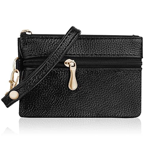 Image of Aucuu Coin Purse Leather Zipper Wallet Card Holder Key Case Women Mini Wallet, with 2 Compartments & Keychain, Small & Lightweight, Easy to Carry, 12 * 8 CM (Black)