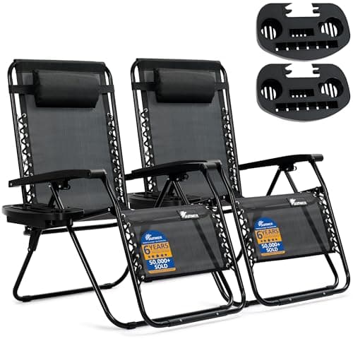Image of SUNMER XXL Sun Lounger Garden Chairs - Extra Wide Set of 2 Zero Gravity Chairs with Cup & Phone Holder, Adjustable Headrest & Pillow - Folding Deck Recliner Outdoor Seating - Black