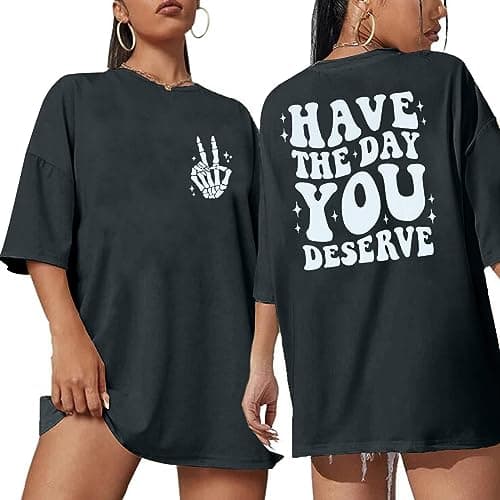 Image of ASTANFY Oversized Tshirts for Women: Deserve Day Shirt Funny Skeleton Shirts Casual Oversized Graphic Tees Tops, Grey, XL