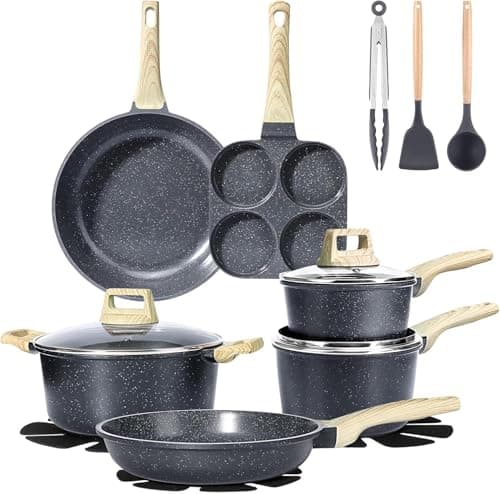 Image of GiPP 17PCS Pot and Pan Set Non-Toxic with Granite Non-Stick Coating- 17 Pieces Frying Pan Cookware Set,Saucepan Cooking Pans & Pots Set,PFOS/PFOA/PFAS Free,for All Hob Types(Grey,17PCS)