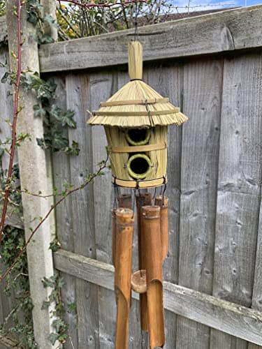 Image of Bamboo Windchime & Bird House Straw Ideal For Garden Birds Musical Chimes Recycled Eco Friendly Fair Trade Outdoor Balcony Patio Decor Wind Chime Handmade