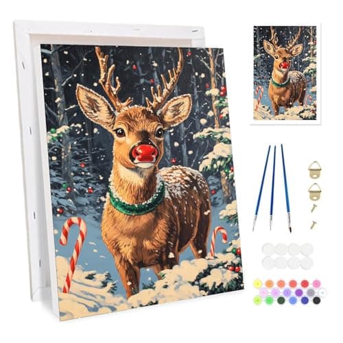 Image of Bowetile Christmas Framed Paint by Numbers for Adults, Christmas Reindeer Painting by Numbers Kit for Adults Beginners DIY Canvas Kit, Colorful Oil Painting Acrylic Paints for Home Wall Decor 20x30cm