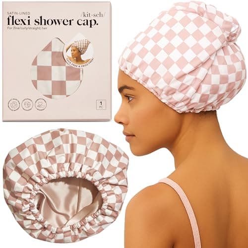Image of Kitsch Luxury Shower Caps for Women Reusable Waterproof - Flexi Satin Lined, Large Wide Shower Cap for Women & Men, Adjustable, Stylish Hair Cap for Shower, For Long & Short Hair - Terracotta Checker
