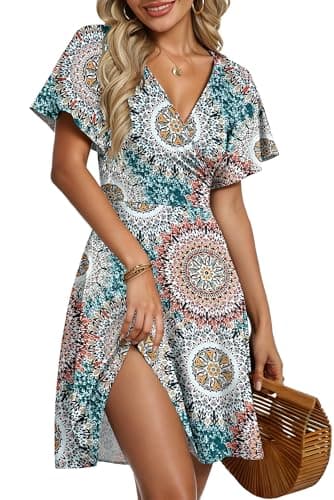 Image of AUSELILY Summer Dress for Women - Lady Wrap Ruffle Short Sleeve V Neck Floral Beach Cross Front Dress Print Green M