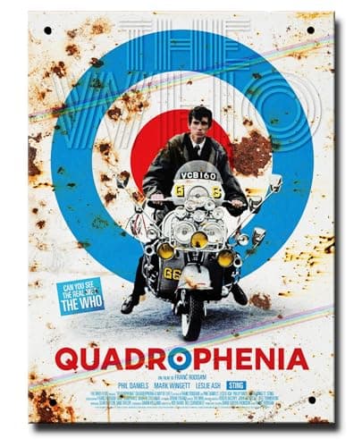 Image of Quadrophenia The Movie Classic Film Metal Poster Sign featuring The Who, Vespa Mod Gift for Man Cave Scooter Memorabilia Artwork Union Jack Colours Merchandise