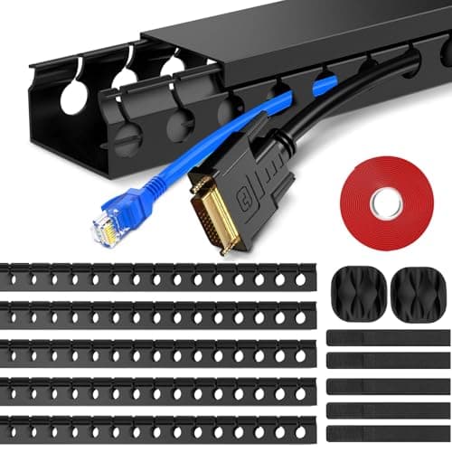 Image of 5 Pieces Cable Trunkings, Cable Concealer Kit, 1.85M Open Slot Cable Raceway Duct to Hide Under Desk/TV/Computer/Power Cords, Black, 5x37cm