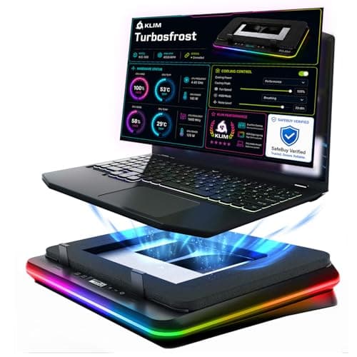Image of KLIM Turbofrost Laptop Cooling Pad for Gaming – 4 x 4000 RPM Turbo Fans, RGB Lighting, 4 USB Ports, Dual Power (USB-C/DC), Sealed Foam for Fast Cooling – Fits Up to 17” Laptops – Grey Space