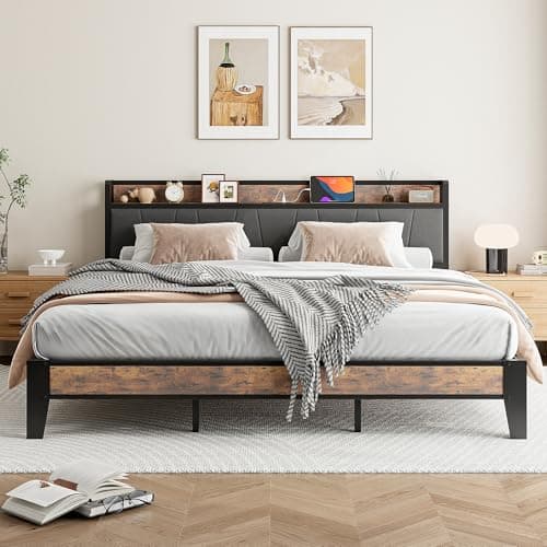 Image of IRONCK Super King Bed Frame with Storage Shelf Upholstered Headboard, Platform Bed Frame with Charging Station, Metal Bed Frame/UnderBed Storage, Enhanced Support Noise Free, Vintage Brown+Grey