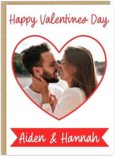 Image of Personalised Photo Happy Valentines Day Cards for Couples Boyfriend Girlfriend - Custom Own Names, Heart, Penguin Designs - Funny Love Greeting Cards A5 (Heart Photo 2)