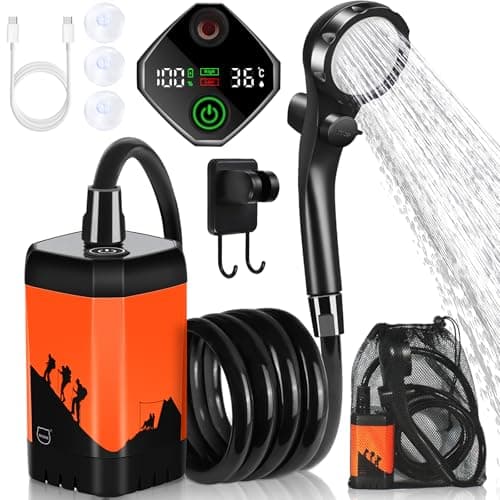 Image of MIAOKE Upgrade Portable Camping Shower, 7800mAh Outdoor Electric Shower Rechargeable Pump with Intelligent Digital Display Temperature Display Shower Head for Camping, Hiking, Traveling/Orange