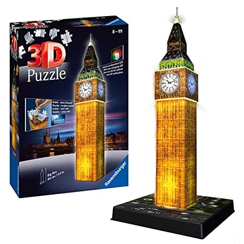 Image of Ravensburger Big Ben 3D Jigsaw Puzzle for Adults and Kids Age 8+, Up - Night Edition with LED Lighting - 216 Pieces - No Glue Required