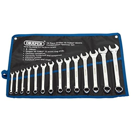 Image of Draper 14 Piece HI-TORQ Combination Spanner Set - 34236 - Metric 8-24mm Chrome Plated Tool Kit