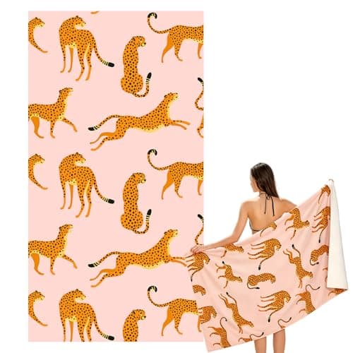Image of Large Quick Dry Microfibre Beach Bath Towel for Adult,Double Sides Pink Leopard Sand Free Beach Towel with Bag,Lightweight Gym Yoga Sports Towel,Compact Travel Summer Beach Towel for Women Men