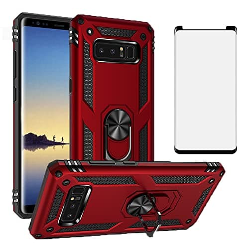Image of Phone Case for Samsung Galaxy Note 8 with Tempered Glass Screen Protector Cover Magnetic Stand Ring Holder Accessories Heavy Duty Rugged Protective Shockproof Glaxay Note8 Not Galaxies Gaxaly Red