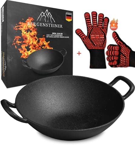 Image of Bergensteiner Wok Made of 100% cast Iron, 36 cm Diameter, Large, Grill, Induction, fire, Gas Grill, Wok pan, incl. Premium Grill Gloves