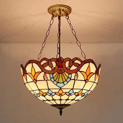 Image of Chandelier Pendant Lights Fixture Tiffany Style Inverted Ceiling, Victorian Hanging Lamp Ceiling Light Fixture for Living Room Dining Room, Stained Glass Shade
