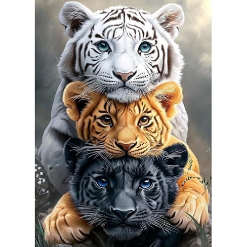 Image of MAXBYE Tiger Diamond Painting Kits for Adults, 5D Three Tigers Diamond Art Kits DIY Full Drill Animal Gem Art for Beginner, Crystal Cross Stitch Craft for Home Wall Decor Holiday Gifts 30x40cm