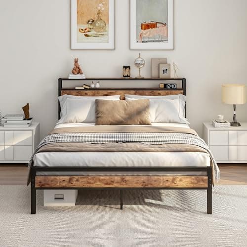 Image of HOJINLINERO King Size Bed Frame with Storage Wooden Headboard,Bed 150x200 cm,Metal Bed Frame Kingsize Bed Base Mattress Foundation,Metal Slats Support,Platform Bed Frame Double Bed,Black+Rustic Brown