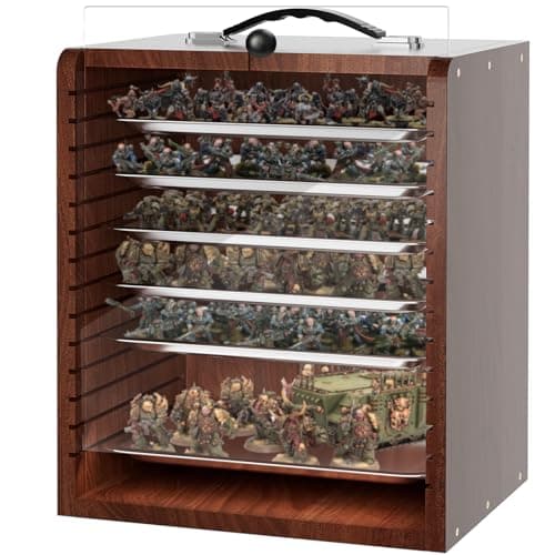 Image of IPEB Miniature Carrying Case with 6 Trays Wooden Miniature Display Case Figures Transport storage for Collectibles Miniatures(Reddish Brown)