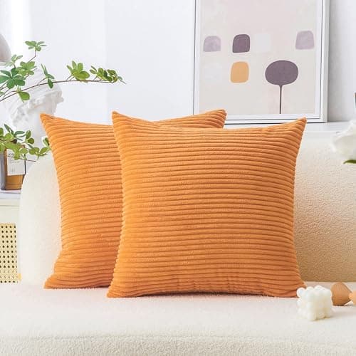 Image of Home Brilliant Orange Cushion Covers 45 x 45 Thanksgiving Decorations, Super Soft Cushion Cover, Striped Corduroy Scatter Cushions Decorative Throw Pillows for Bed Sofa Car, 18 inch, Set of 2, Orange