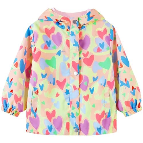 Image of JinBei Girls Waterproof Jacket Kids Pink Heart Pattern Rain Coat Lightweight Outdoor Windproof Coat Warm Raincoat with Hood Soft Lining Long Sleeve Zipper Spring Outwear Age 3-4 Years