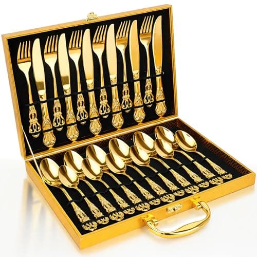 Image of 24 Piece Gold Flatware Set with Storage Case, Premium Stainless Steel Cutlery Service for 6, Includes Forks, Knives & Spoons, Dishwasher Safe Tableware for Gifting & Dinner Parties