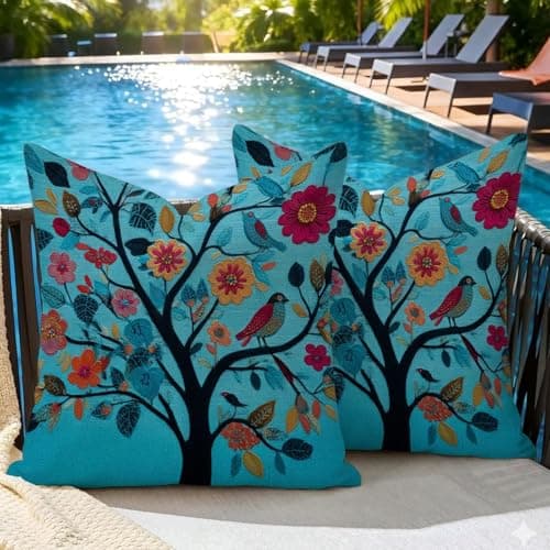 Image of Cushion Covers 35 x 35 cm Colorful Tree Of Life Set of 2 Outdoor Cushions Waterproof Linen Square Throw Pillowcases, Sofa Cushions with Invisible Zipper for Garden, Sofa, Bed & Home Decoration, #54l