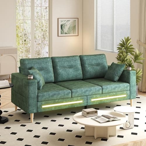 Image of Gryalzes 3 Seater Sofas for Living Room Furniture,Chenille Fabric Settee with LED Light,Modern Deep Seat With 2 Cup Holders and 2 Pillows,Bilateral Pocket Storage,Wood Legs,Cloud Couch bedroom(Green)