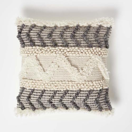 Image of HOMESCAPES Handwoven Tufted Kilim Cushion Grey & Cream 100% Cotton & Wool Cushion Traditional Authentic Geometric Design with Super Microfibre Cushion Insert 45 x 45 cm