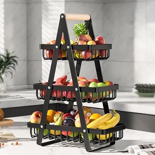 Image of 3 Tier Fruit Basket,Vegetable Rack,Bread Basket,Detachable Mesh Fruit Baskets With Wooden Handle,Vegetable Storage Rack For Kitchens Home,Office,Vegetables,Onion,Banana,Potato,Snack Basket(Black)