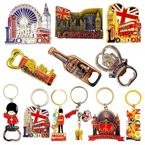 Image of 12 London Souvenir Magnets Keyring - Union Jack Magnet Key Chain - 6 England Keyrings - 6 British Fridge Magnets