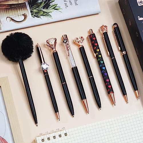 Image of WEMATE 8 Pcs Ballpoint Pens Set Metal Crystal Diamond Pen Glitter Pen for Journaling Black & Blue Ink Pretty Cute Writing Pens Fancy Pens Gifts for Women Office Home Black
