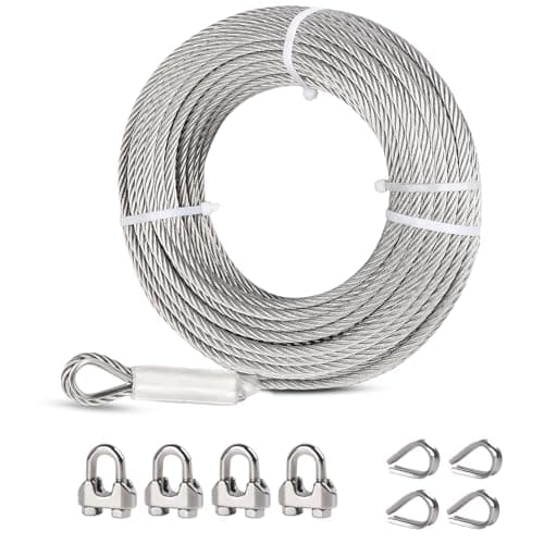 Image of 6mm Steel Wire Rope, 7.6M Stainless Steel Wire Rope Kit, 7x19 Strand Steel Cable with Loops,Clips & Thimble,Heavy Duty Steel Cable for Zipline, Deck Railing, Boat Lifts