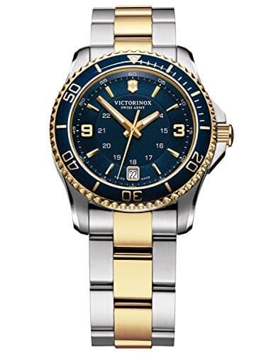 Image of Victorinox Women’s Watch Maverick Small Ø 34 mm, Swiss Made, Analogue Quartz, Water-Resistant up to 100 m, Stainless Steel Strap, Silver/Gold/Blue