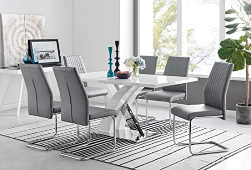 Image of Furniturebox UK Dining Set - Atlanta Rectangle Chrome Metal Modern Stylish High Gloss White 6 Seater Dining Table and 6x Elephant Grey Luxury Faux Leather Lorenzo Dining Chair (Table + 6 Chairs)