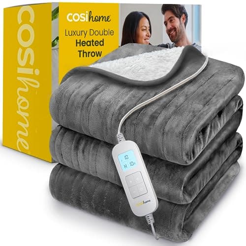 Image of Cosi Home® Luxury Heated Throw in Grey - Electric Blanket - Extra Large Heated Blanket, Machine Washable Fleece & Sherpa - Digital Remote, Timer and 10 Heat Settings - Double Size, 200 x 150 cm