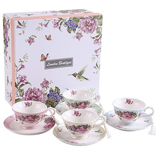 Image of Tea Cup and Saucer Set 4 Coffee Cups Gifts for Women Expresso Coffee Cup Afternoon Tea Set New Bone China Vintage Flora Rose Gift for Her for Home Restaurants and Tea House (1 set of 4)