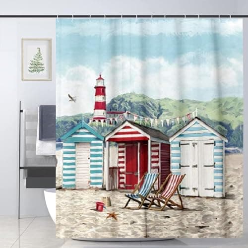 Image of JOOCAR Beach Hut Shower Curtain Waterproof Bathroom Curtains with Hooks 72x72 Inch
