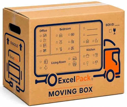 Image of Large Moving Boxes with Carry Handles and Room List, Pack of 5 – Strong Double Wall Cardboard Boxes 52x30x30cm, 47L Heavy Duty Packing Boxes for House Moving, Storage, Shipping, Removal & Office Use