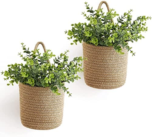 Image of MEETOZ 2 Pack Wall Hanging Rope Basket Farmhouse Decor, Jute Woven Storage Organizer Flower Plants Basket Set Rustic Wall Decor for Porch Living Room Bedroom Entryway,Brown
