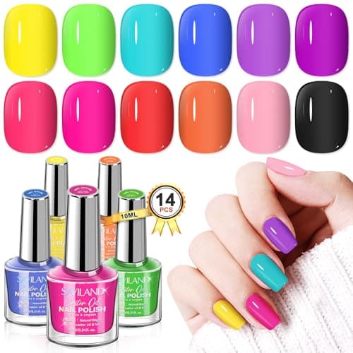 Image of Saviland 12 Color Nail Polish Set with Base & Top Coat, Plant-Based Quick Dry Formula Nail Varnish Neon Rainbow Colors High Shine, Nail Gift Set for Women Manicure and Pedicure