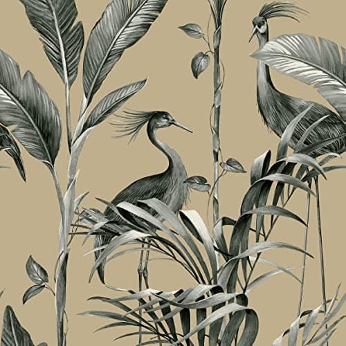 Image of Belgravia Decor Wallpaper 9505 Azzurra Leaf Charcoal/Gold Birds Palm Leaves