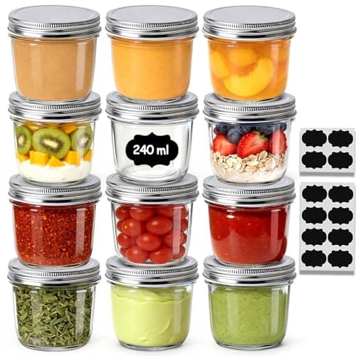 Image of ComSaf Mason Jars with Lids 240ml/8oz 12 Pack, Small Glass Jars with Airtight Lids for Overnight Oats, Canning Jam Jars for Homemade Jam Honey Chutney, Small Glass Container for Spice and Food Storage