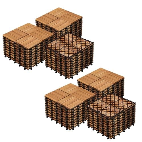 Image of Yaheetech 2 pack Acacia Wood Interlocking Patio Deck Tiles, Waterproof Solid Flooring Tiles for Indoor Outdoor, 31 cm W × 31 cm L Garden Deck for Patio Garden Poolside All Weather Use, Total 54pcs