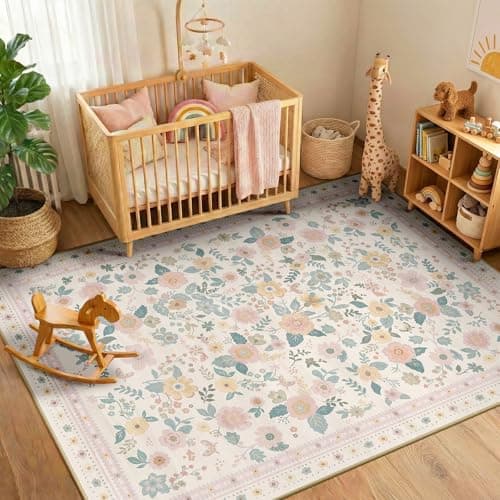 Image of INOVADAY Machine Washable Rug 120x180 cm Non-Slip Low Pile Floral Print Area Rug for Living Room Bedroom Dining Room Kids Room Bedside Kitchen Lounge Light Beige