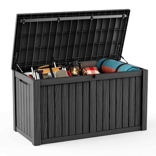 Image of DRATO 150 Gallon Deck Box, Waterproof Resin Large Outdoor Storgae Box for Patio Furniture, Patio Cushions, Gardening Tools, Pool and Sports Supplies, Lockable,Black