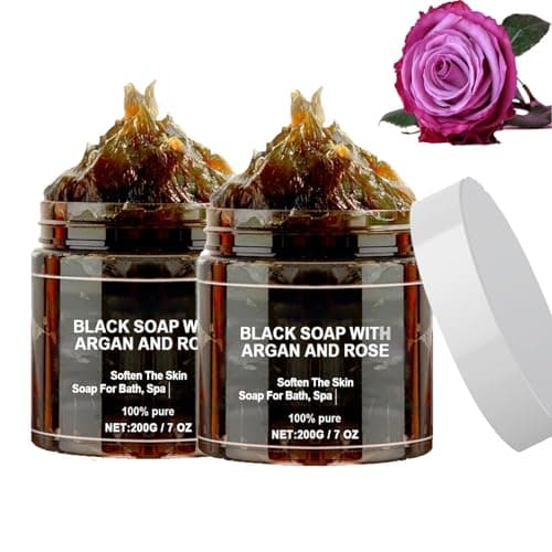 Image of Moroccan Black Soap Bar with Argan Oil Rose， 200g Exfoliating Soap for Body Scrub， Deep Cleansing, Moisturizing Gentle Skin Polish，makes it smooth and delicate (2PCS)