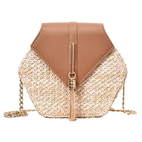 Image of Holibanna Straw Woven Chain Shoulder Bag Women Crossbody Beach Bag Tassel Detail Lightweight Summer Handbag 8.27X6.89X2.36In